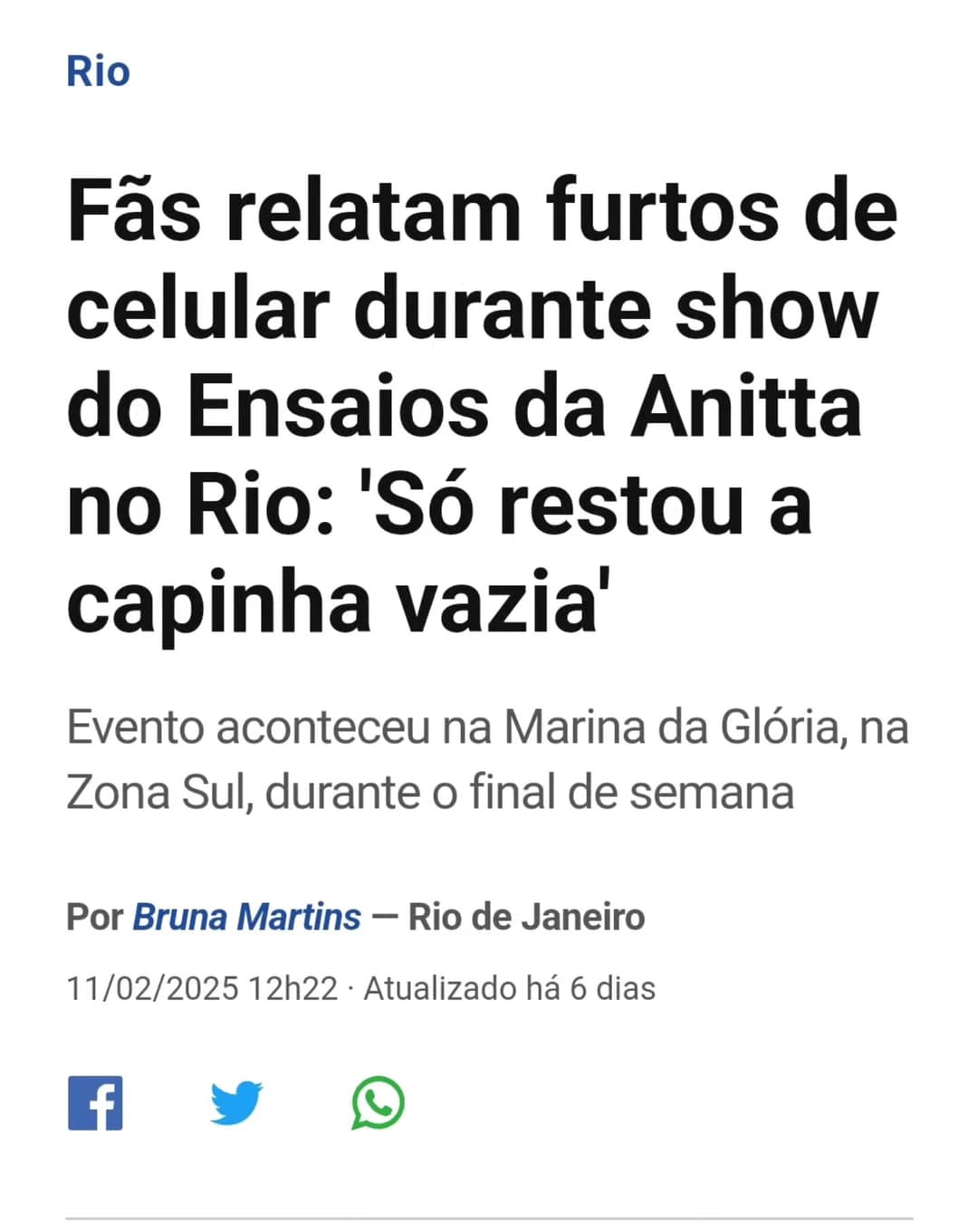 As principais notícias quando você coloca no Google Notícias "Ensaios da Anitta"